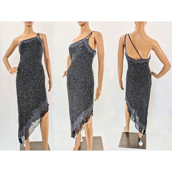 Vintage 90s Scala Silk Gown Black Beaded Sequins Off Shoulder Siren Size M - Picture 12 of 13